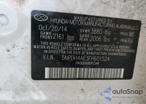 2015 Hyundai Elantra Se from USA, damaged, VIN 5NPDH4AE3FH601524
